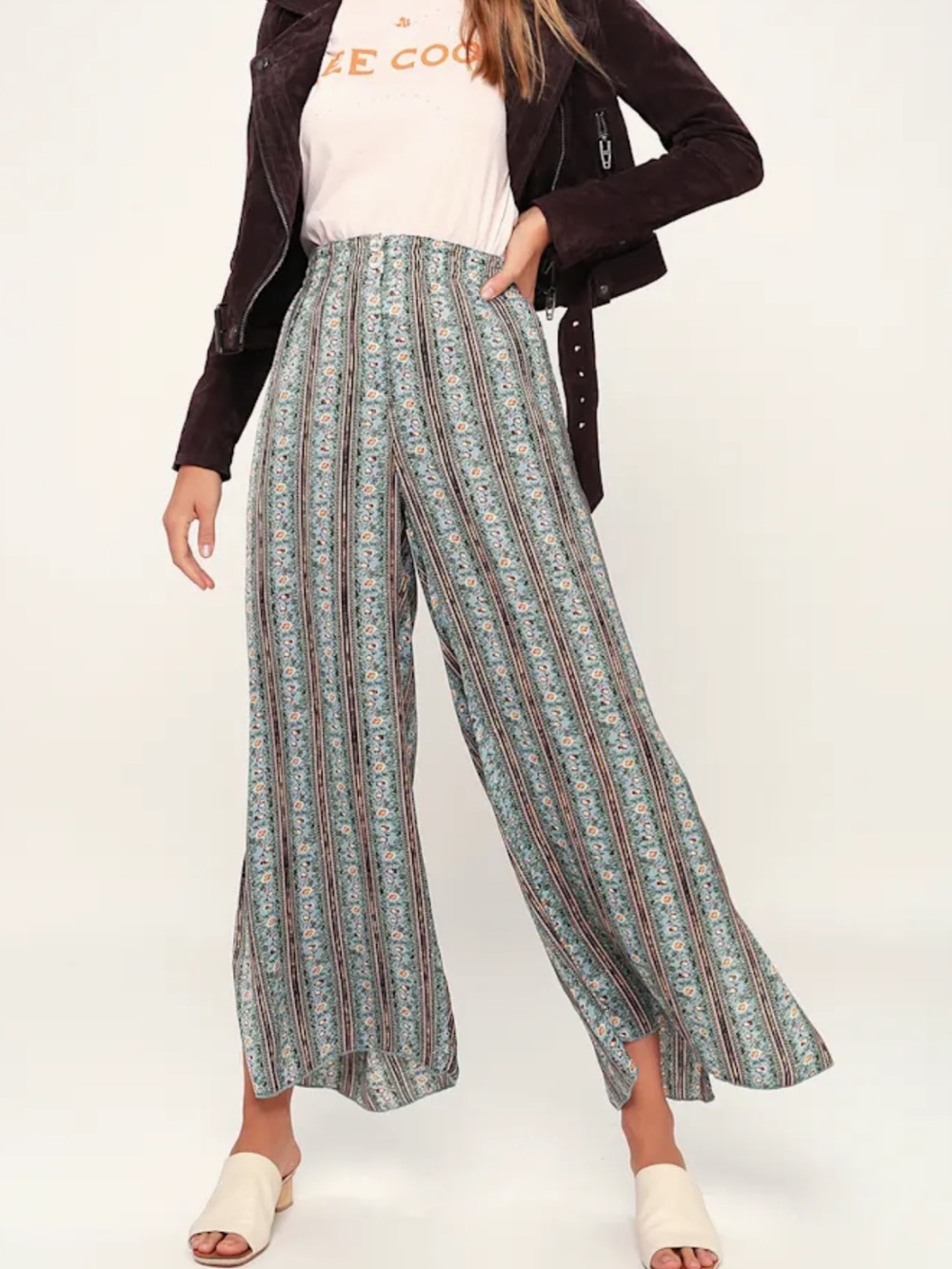 Free People Sage Green Striped Floral Wide-Leg Pants